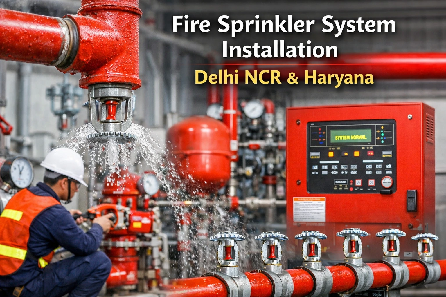 Fire sprinkler system installation with control panel and piping for commercial buildings in Delhi NCR and Haryana
