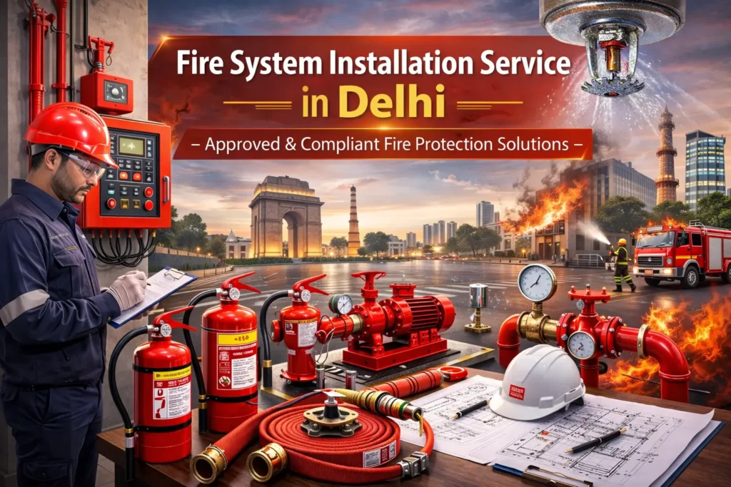 Fire System Installation Service in Delhi with approved sprinkler, hydrant and fire alarm system setup compliant with Delhi Fire Service regulations